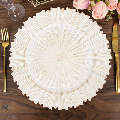 Elegant textured charger plate in cream color with ruffled edges.