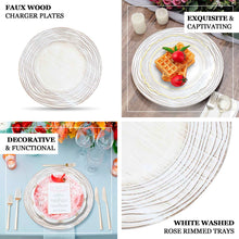 13 Inch Round White Wash Faux Wood Plastic Charger Trays with Rose Embossed Rim- Set of 6