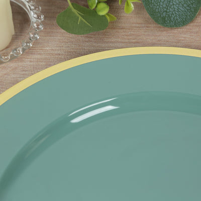 Teal plate with yellow rim on a wooden surface