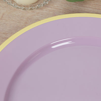 Purple plate with a yellow rim on a wooden surface.