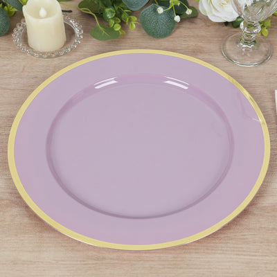 Lavender plate with gold rim on a wooden table
