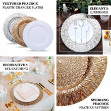 6 Pack | 13inch White Embossed Peacock Design Plastic Serving Plates, Disposable Charger Plates