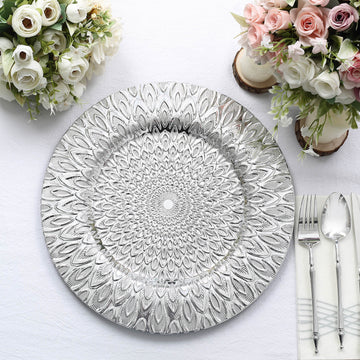 Silver Embossed Peacock Design Plastic Serving Plates