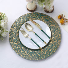 6 Pack | 13inch Teal / Gold Embossed Peacock Design Plastic Serving Plates