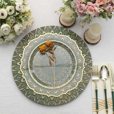 Decorative dinner plate with intricate design and floral centerpiece.