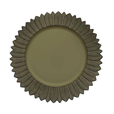 Olive green floral-shaped decorative plate on a white background