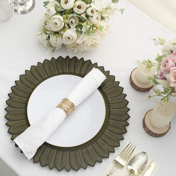 Effortless Elegance with Matte Olive Green Sunflower Round Dinner Charger Plates