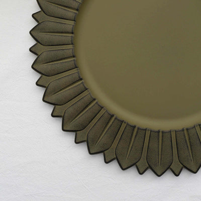 Olive green decorative plate with textured leaf design edges