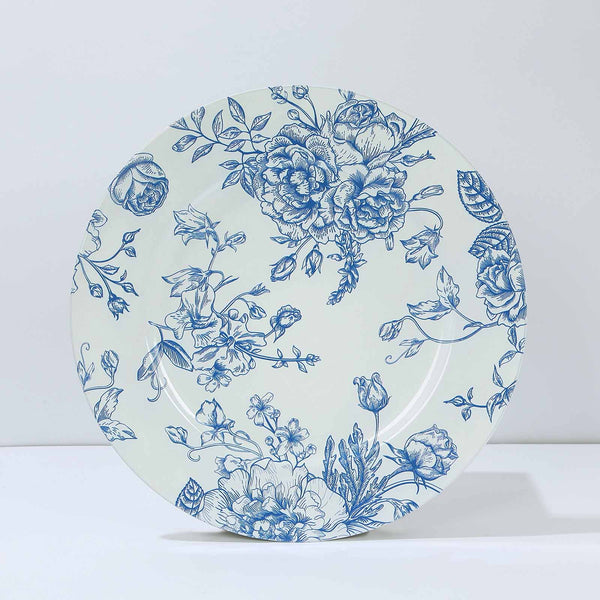 Blue and white floral charger plates for coastal dinner party tablescape