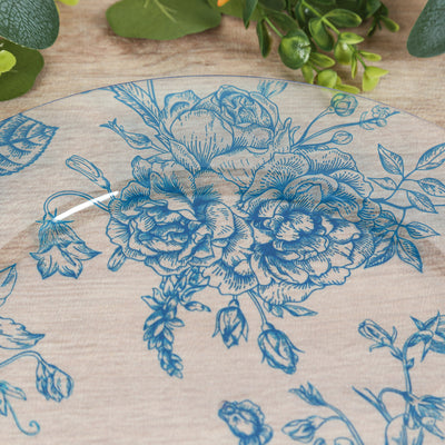 Blue floral design on a clear glass plate.