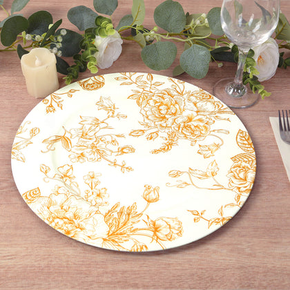 6-Pack Acrylic Charger Plates 13" Round White with Gold Floral French Toile Pattern - Decorative Dinner Party Charger Tableware