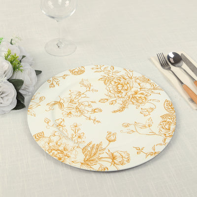 Floral design dinner plate with gold accents on a white background.