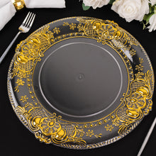 6 Pack Clear Plastic Dinner Charger Plates With Gold Florentine Style Embossed Rim Round Decorative