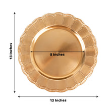 A set of metallic gold plastic charger plates with a beaded sunflower rim, measuring 13 inches in total diameter and 8 inches in inner diameter