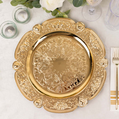 Elegant gold decorative platter with intricate floral designs.