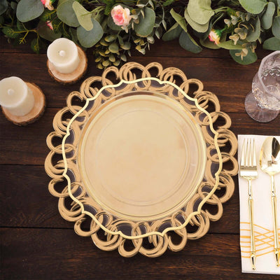 Gold decorative charger plate with intricate design on wooden table.