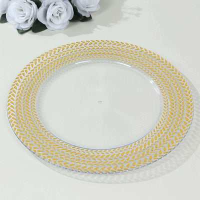 Clear plate with yellow geometric design on rim.