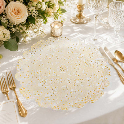 Elegant gold beaded lace table mat with floral wedding table setting