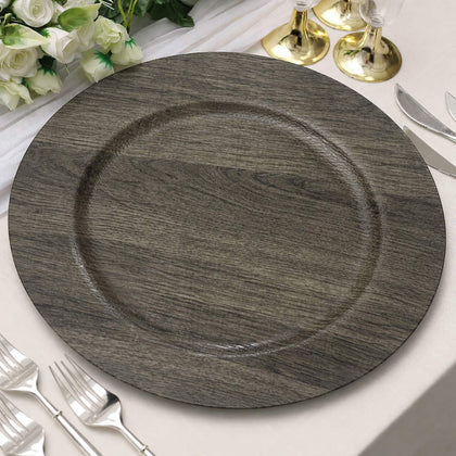 12 Pack Plastic Round Charger Plates, 13" Gray with Faux Wood Finish, Rustic Boho Chic Dinner Party Charger Tableware