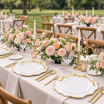 Elegant outdoor wedding table with gold tableware and pastel floral centerpieces