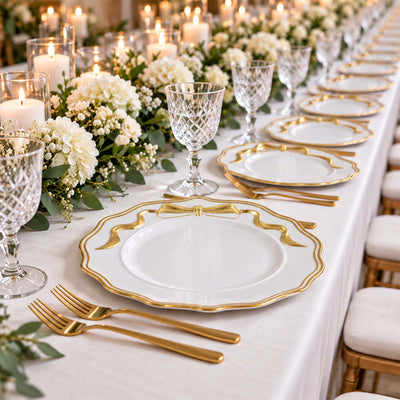 Elegant gold and white wedding table setting with candles and floral centerpiece