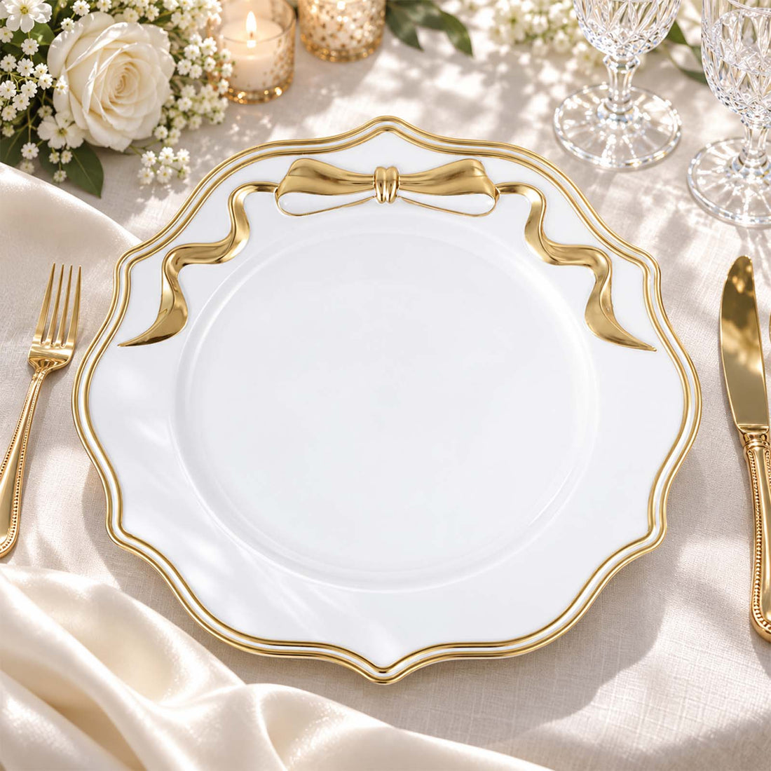 Elegant white and gold luxury dinner plate on a formal table setting