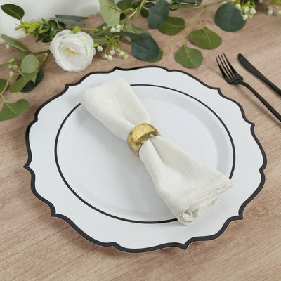 10-Pack Economy Plastic Charger Plates 13" Round White with Black Scalloped Rim - Decorative Dinner Party Serving Plates