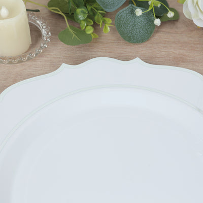 Elegant white plate with decorative edge on a wooden table.