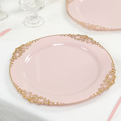 20-Pack Economy Plastic Charger Plates 13" Round Blush with Gold Embossed Baroque Rim - Stylish Dinner Party Serving Plates