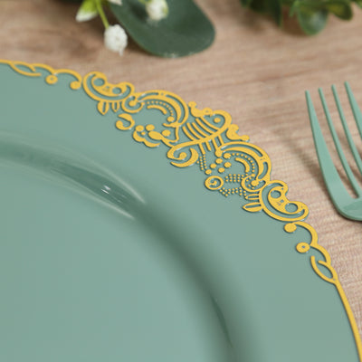 Decorative green plate with yellow ornate border on a wooden table.