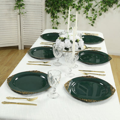 Elegant green plates with gold accents set for a dining table arrangement.