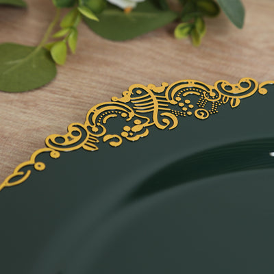 Green decorative plate with gold ornate edge design.