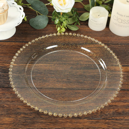 10-Pack Economy Plastic Charger Plates 13" Round Clear/Gold Glitter with Beaded Rim - Stylish Dinner Party Serving Plates