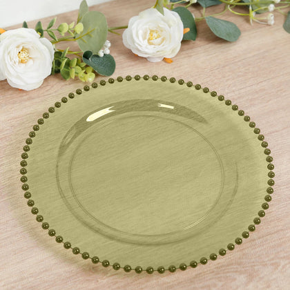 10-Pack Economy Plastic Charger Plates 13" Round Transparent Dusty Sage Green with Beaded Rim - Stylish Dinner Party Serving Plates