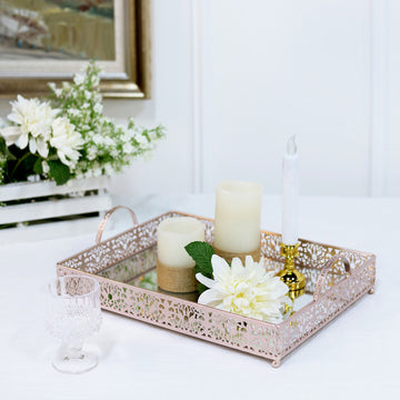Charming Rose Gold Metal Mirrored Vanity Tray
