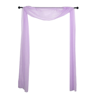 Lavender sheer fabric drapery hanging on a black rod