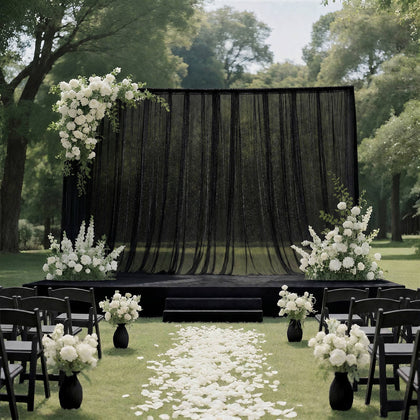 Sheer Wedding Arch Drape 10ft × 10ft Black – Backdrop Curtain Panel with Rod Pocket