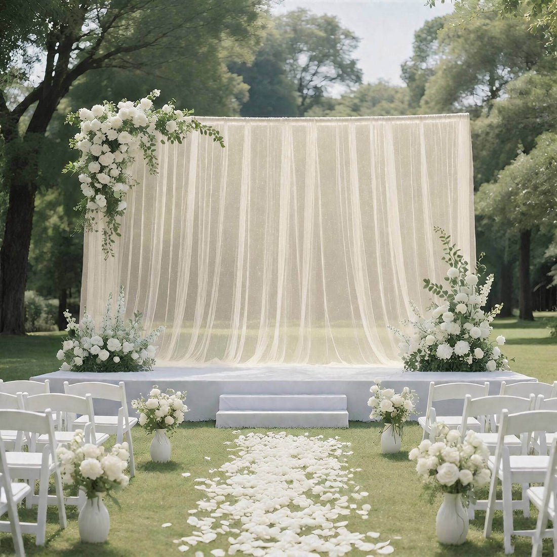 Elegant outdoor wedding ceremony with white floral arch and aisle petals