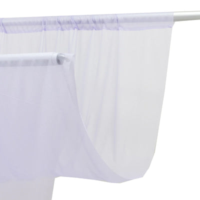 Sheer white curtain with lavender top header on a curtain rod