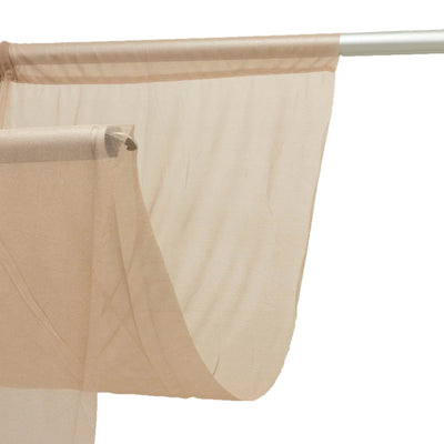 Beige sheer curtain panel with rod pocket header and metal curtain rod