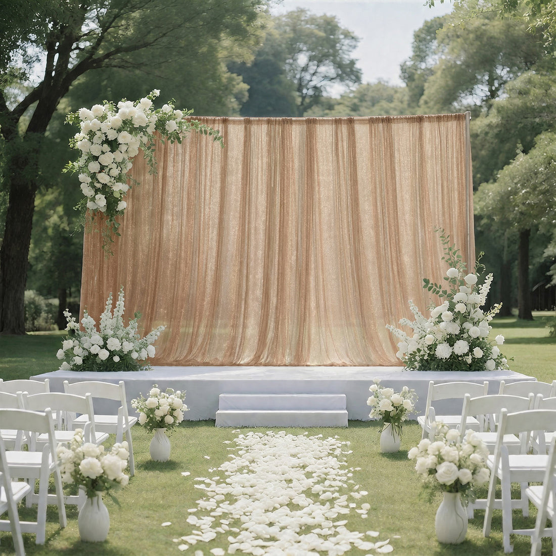 Elegant outdoor wedding ceremony setup with white flowers and gold backdrop