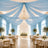 Elegant blue draped wedding reception hall with chandelier and floral tables