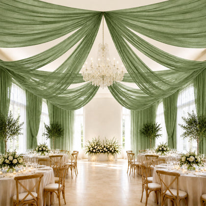 Dusty Sage Green Sheer Ceiling Drape – 10ft x 32ft Extra Long Drapery Panel for Wedding Canopy, Backdrop & Reception Décor