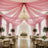 Pink draped wedding reception hall with chandelier and elegant floral tables