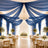 Elegant wedding reception with blue draped ceiling and chandelier