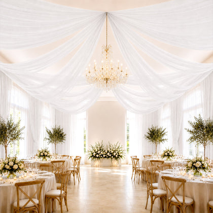 White Sheer Ceiling Drape – 10ft x 32ft Extra Long Drapery Panel for Wedding Canopy, Backdrop & Reception Décor