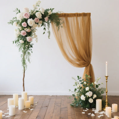 Floral backdrop with drapes and candles for decorative events