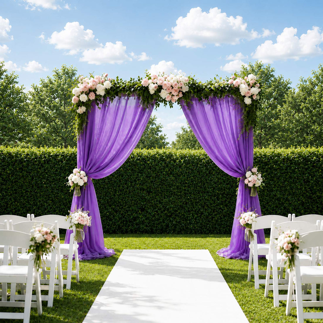 Purple wedding arch with floral drapery and white chairs in outdoor garden ceremony
