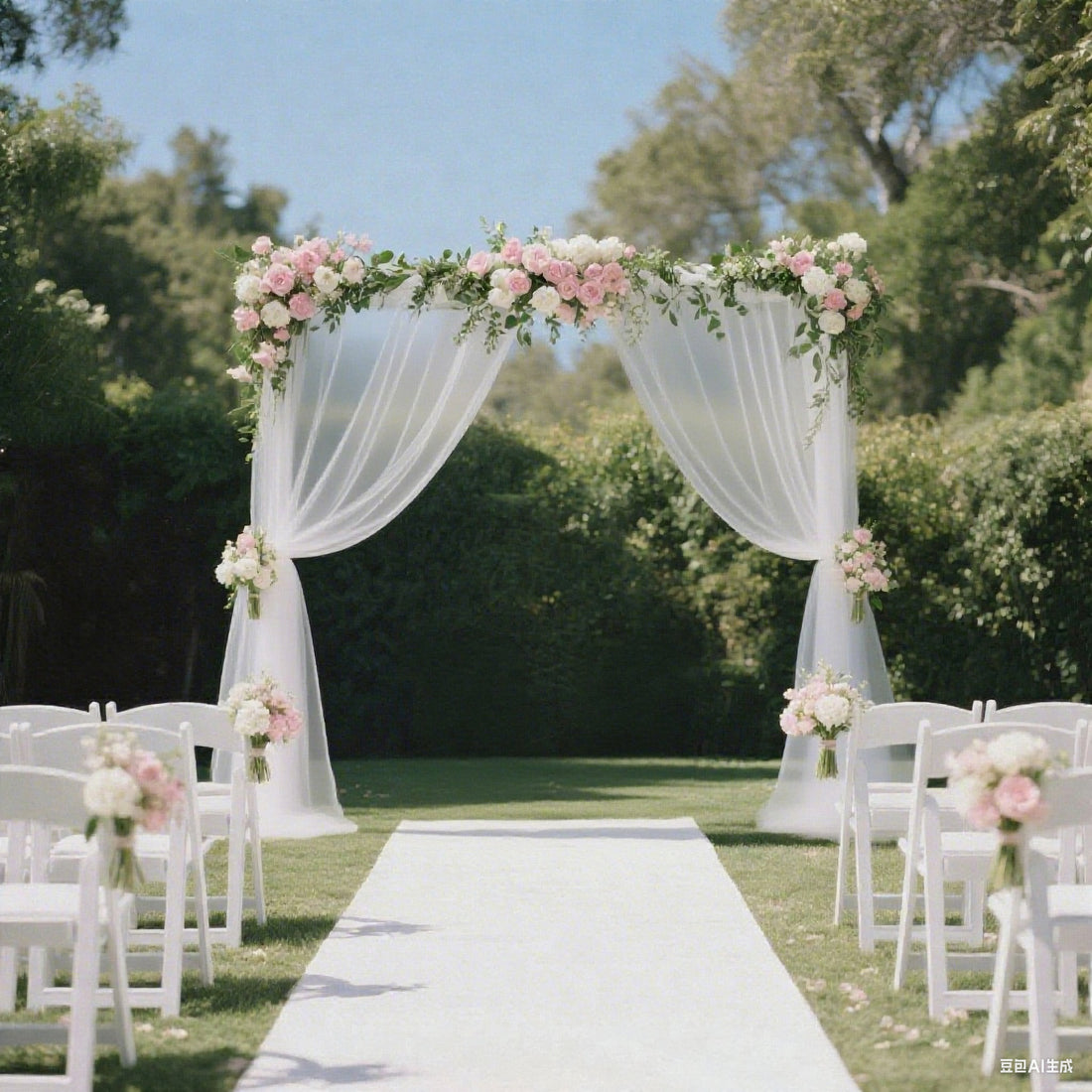 Wedding arch decorated with pink flowers and drapes in a garden setting.