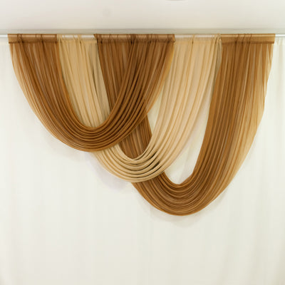 Burgundy and beige layered sheer curtains draped elegantly.